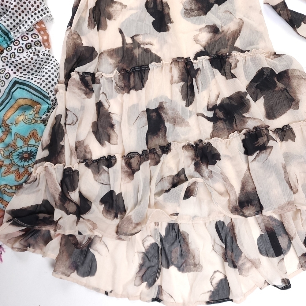 New Simply Vera Wang Beige Brown Black Floral Sheer Maxi High Lo Ruffle Dress Xs - Picture 10 of 14